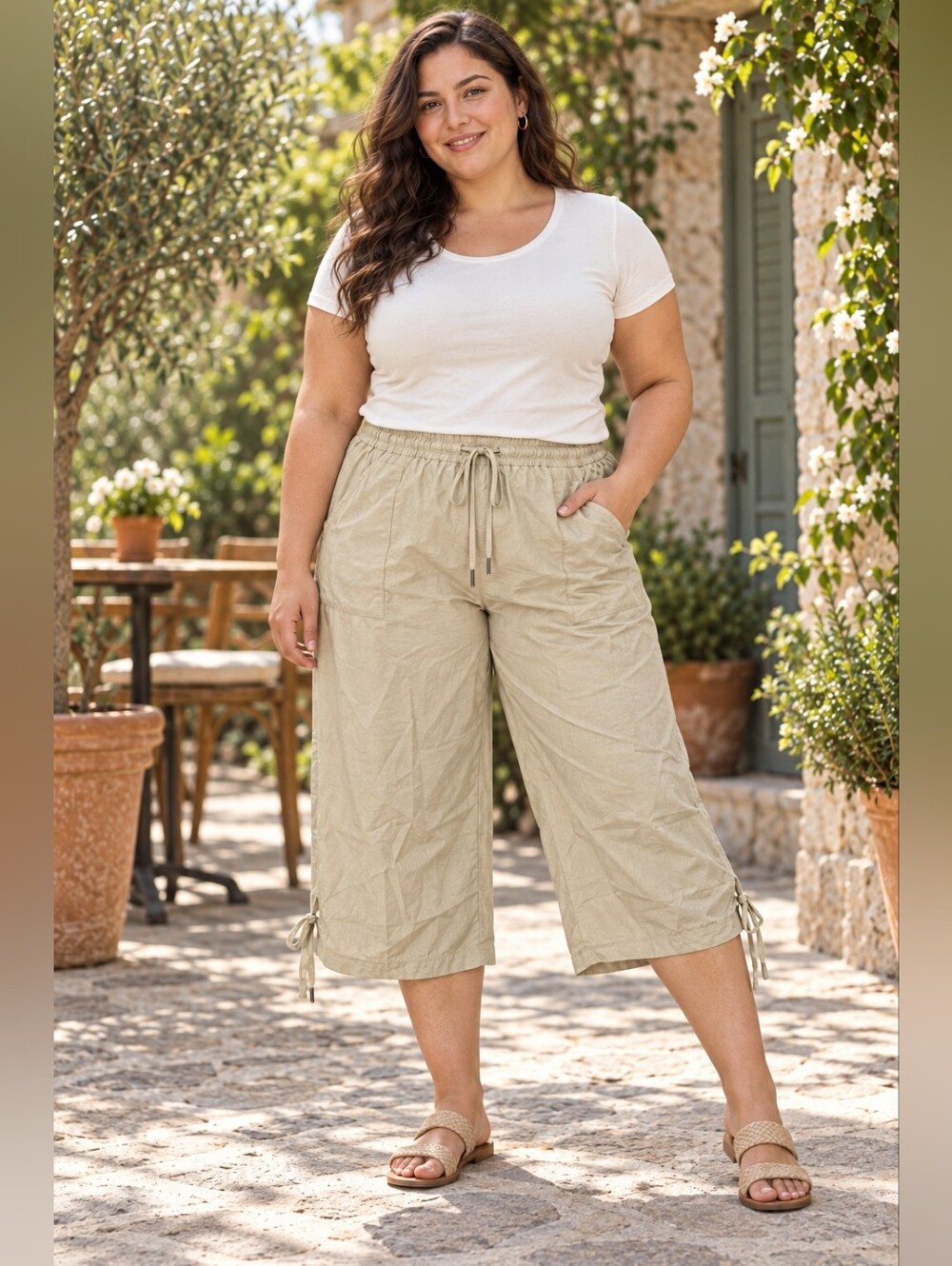Women’s 2XL Beige Cropped Cargo Capri Pants Elastic Drawstring Waist